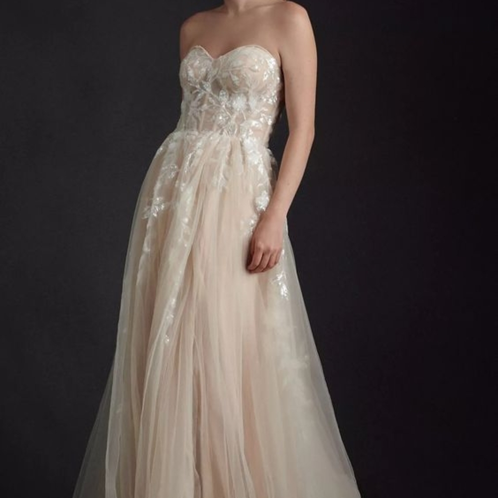 Watters Pink and Cream Strapless Sweetheart Gown